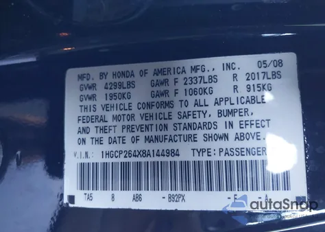 2008 Honda Accord 2.4 Lx-P z USA, uszkodzony, nr VIN 1HGCP264X8A144984